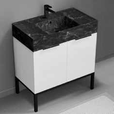 Modern Bathroom Vanity, 32 inch, Black Marble Style Sink, Free Standing